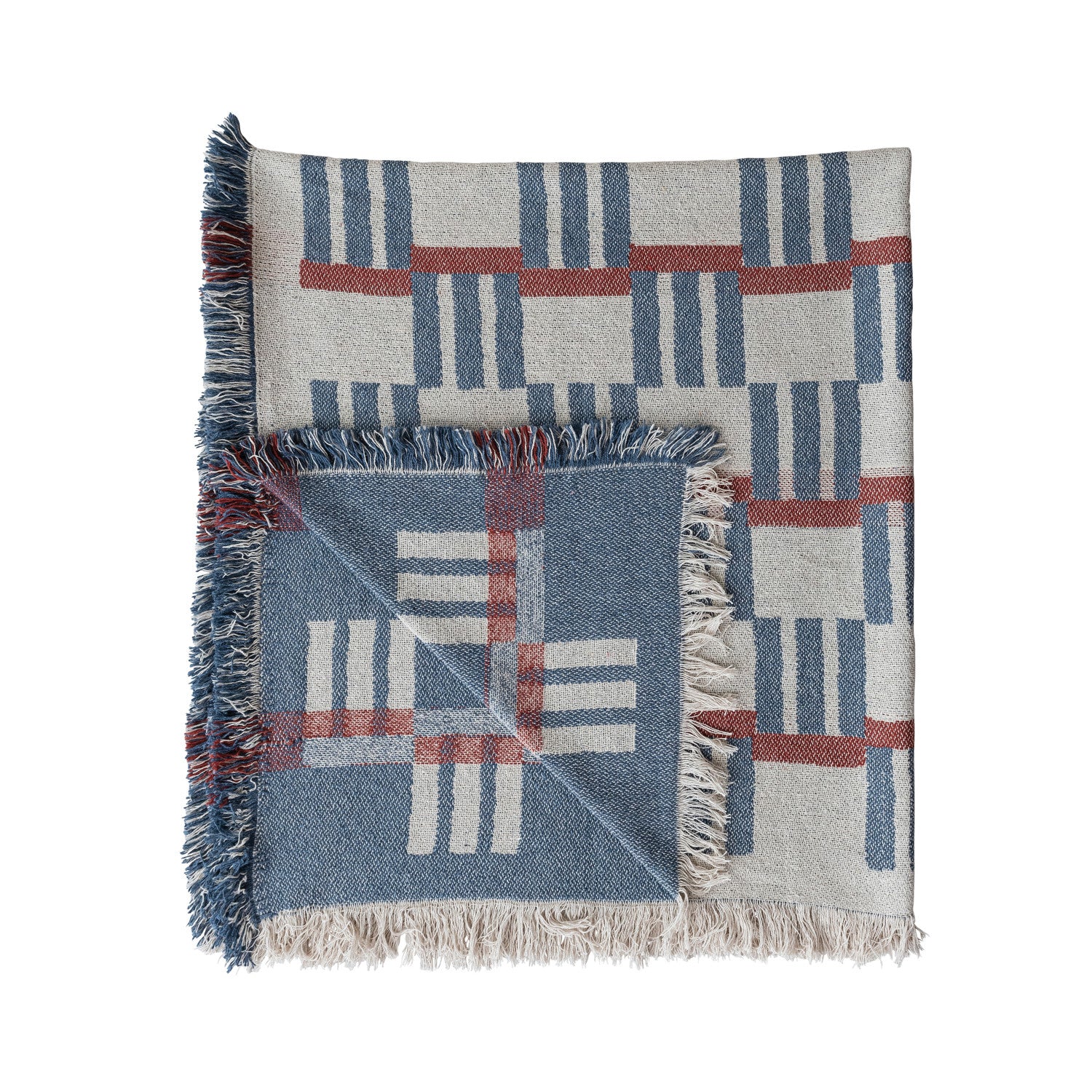 Blend Jacquard Throw with Stripes/Block Pattern & Fringe