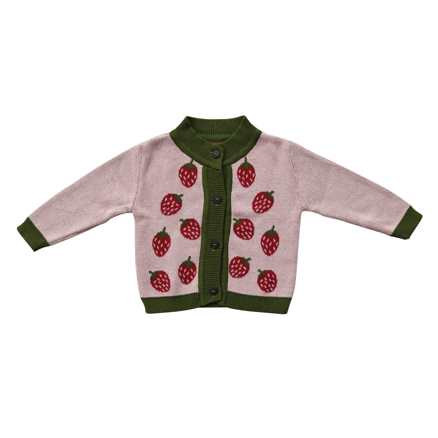 Pink knit baby cardigan sweater with red strawberry pattern and green trim accents