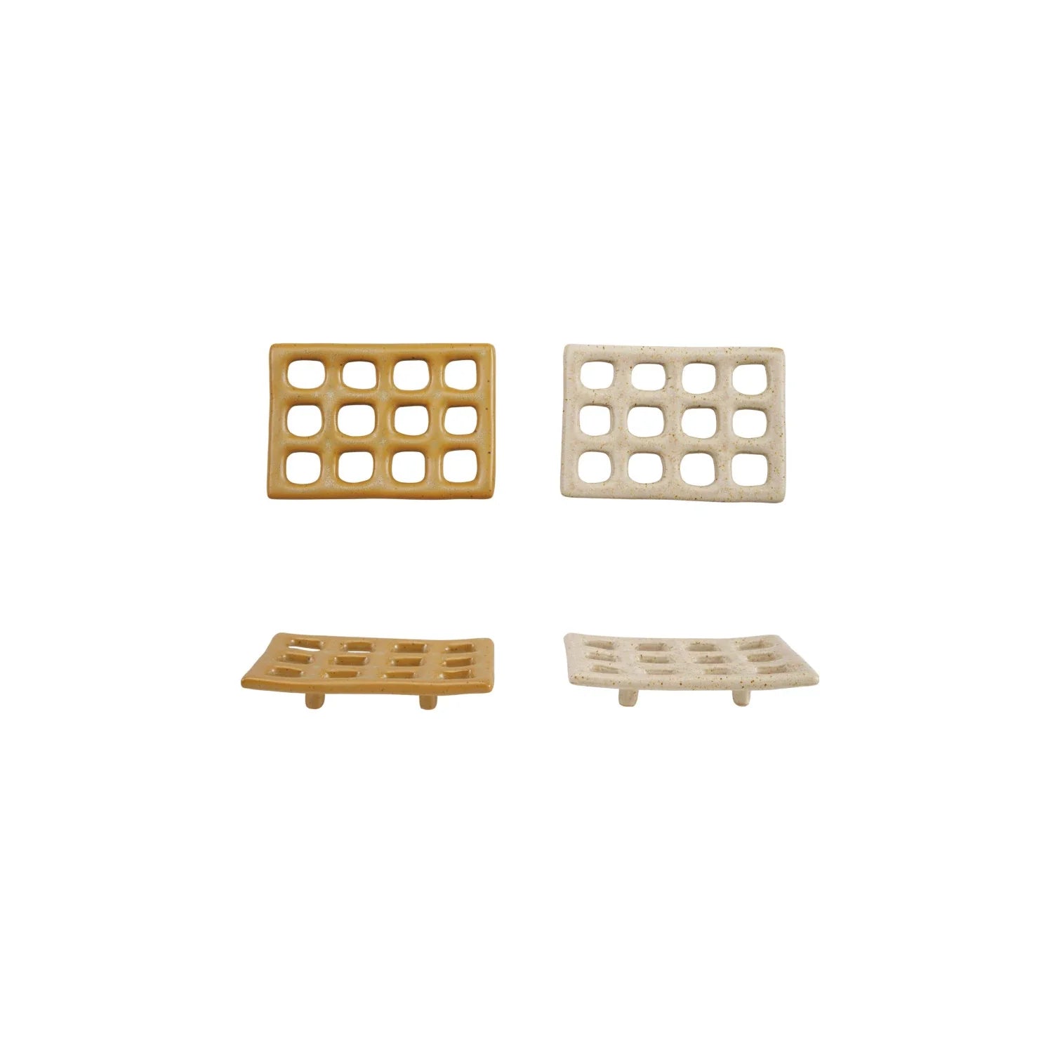 Four stoneware footed soap dishes in brown and cream colors with grid drainage holes