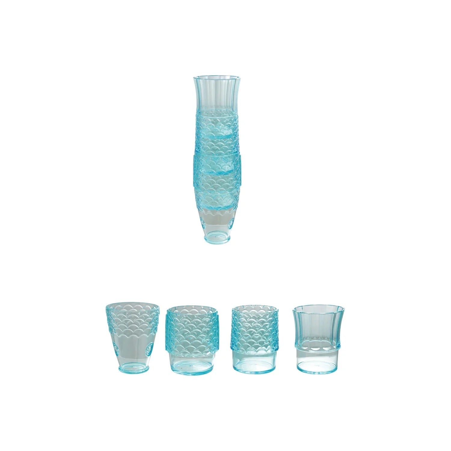 Four stackable aqua blue acrylic fish scale drinking glasses shown stacked and separated
