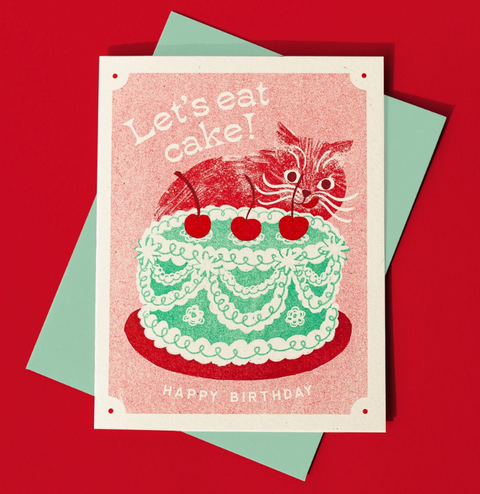 Let's Eat Cake Cat - Risograph Birthday Card