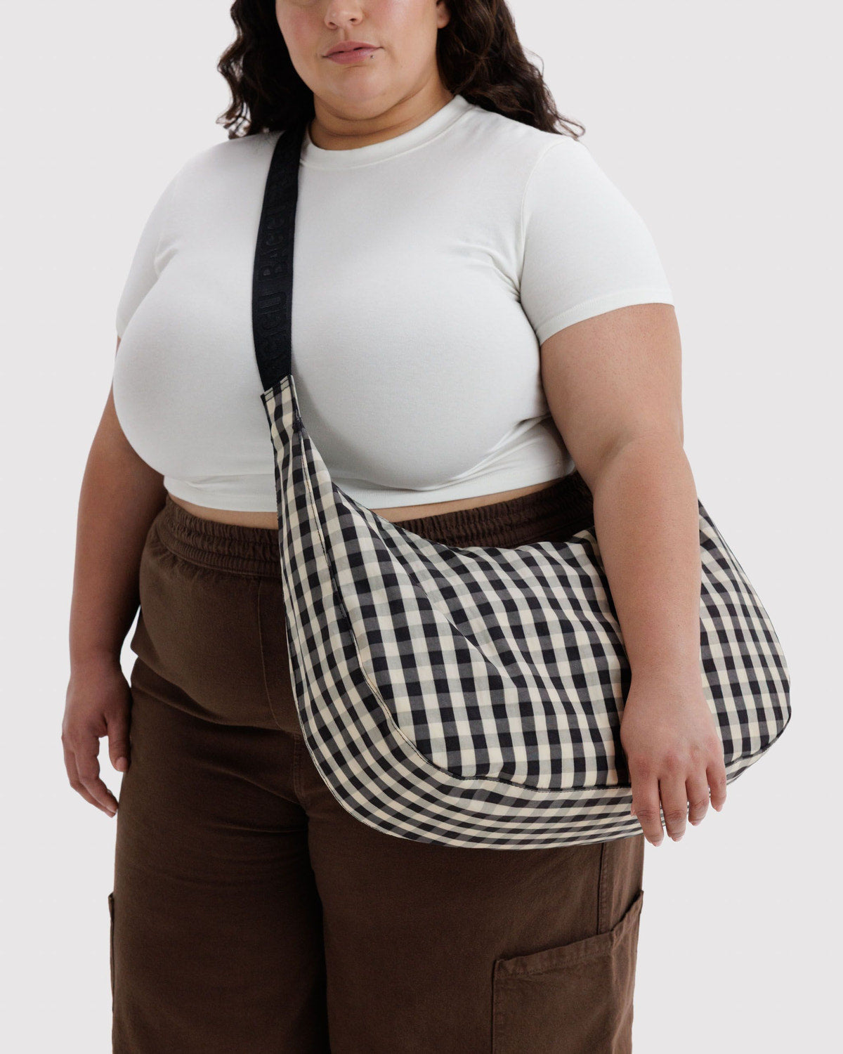 Large Nylon Crescent Bag Black and Cream Gingham