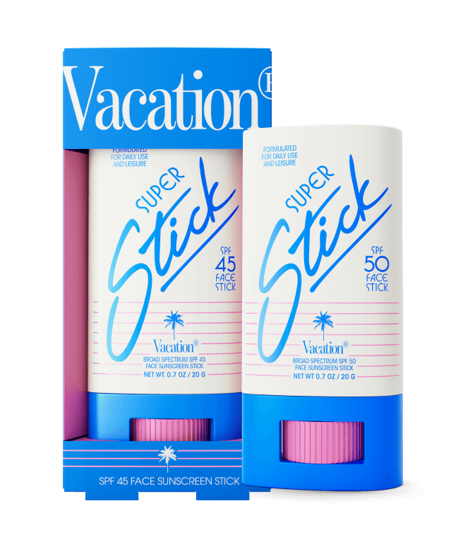 Vacation Super Stick SPF 45 and SPF 50 sunscreen sticks with blue and white packaging