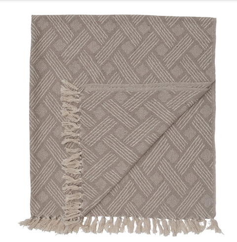 Natural Basket Weave Cotton Blend Throw with Fringe