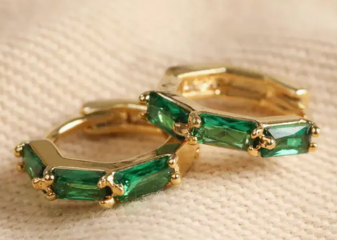 Green Baguette Crystal Huggie Hoop Earrings in Gold