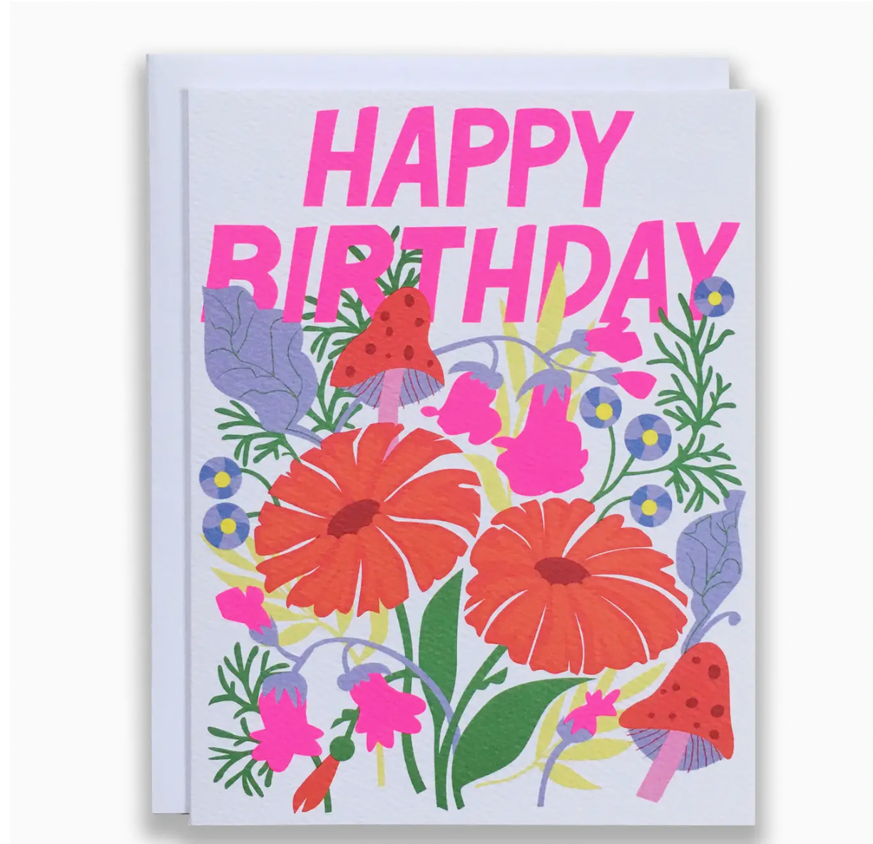 Happy Birthday Note Card with Mushrooms and Florals