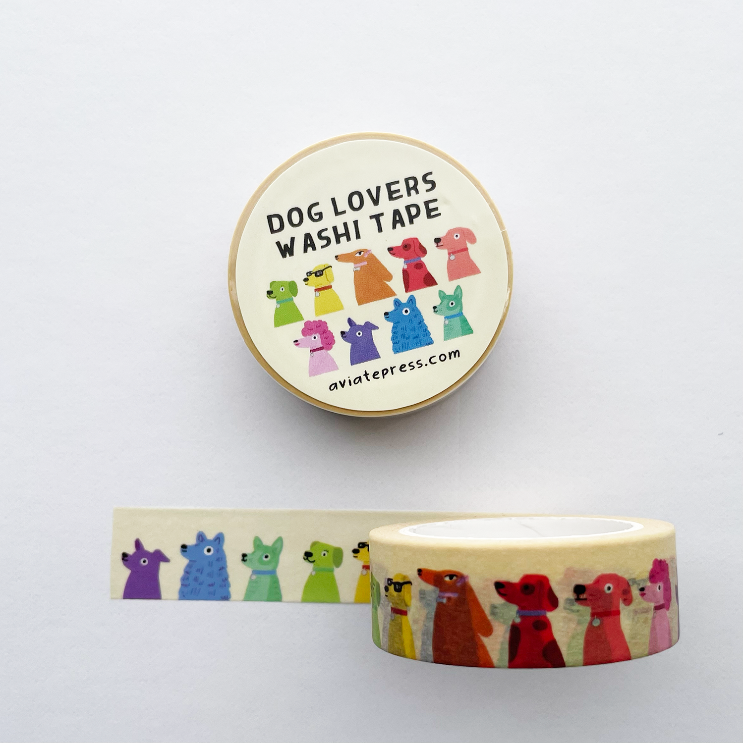 Dog Lovers washi tape roll and sample showing colorful illustrated dogs in rainbow pattern
