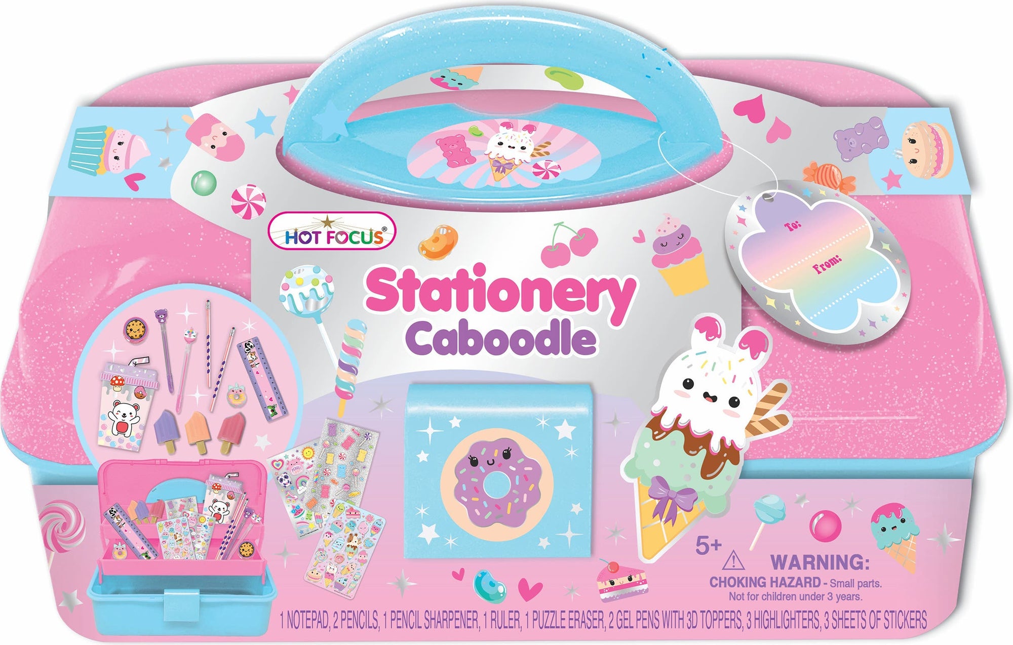 Hot Focus Stationery Caboodle set with cute kawaii sweets theme and pink blue colors