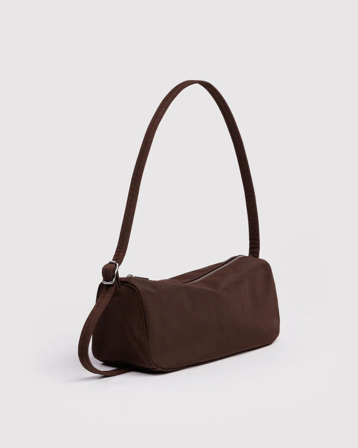 Baggu Nylon Loaf Bag in chocolate brown with long shoulder strap on white background