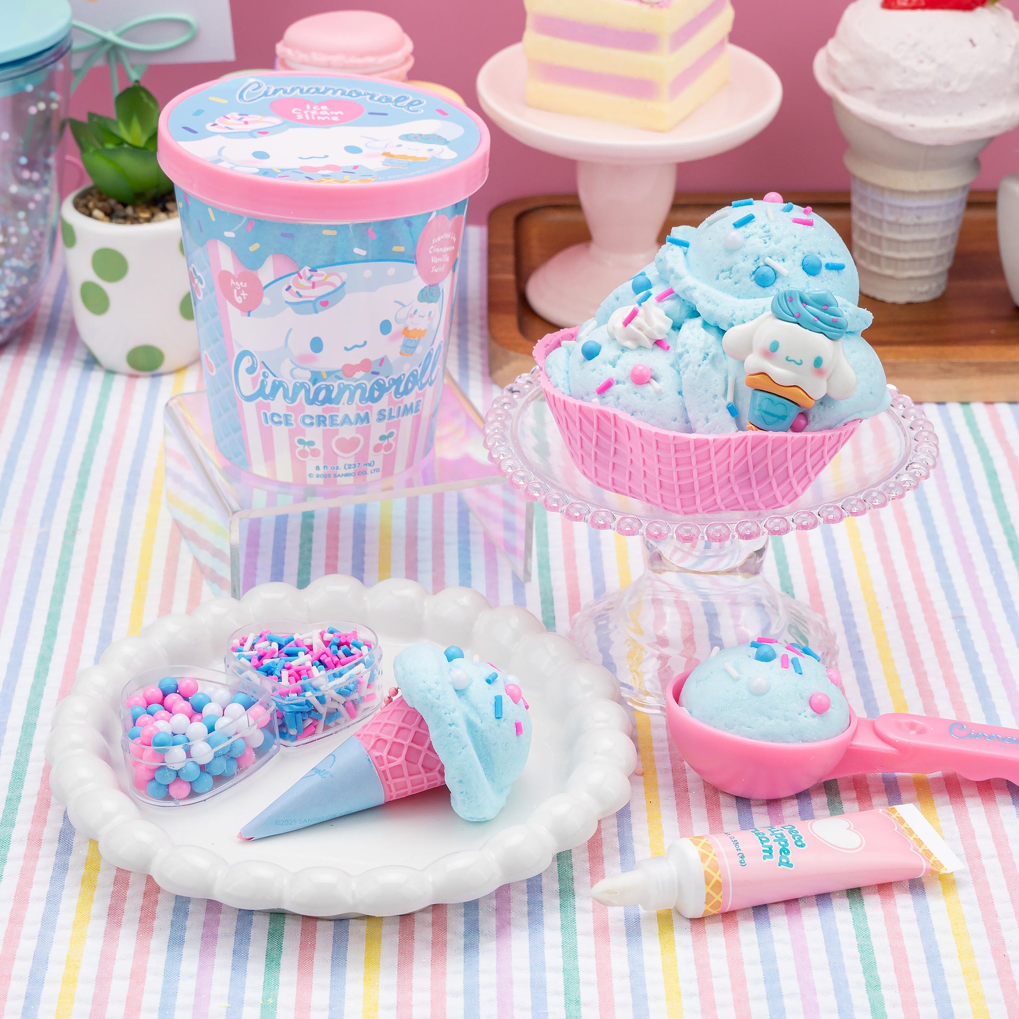 Cinnamoroll Ice Cream Slime Kit with blue slime, sprinkles, cone, scoop, and themed container