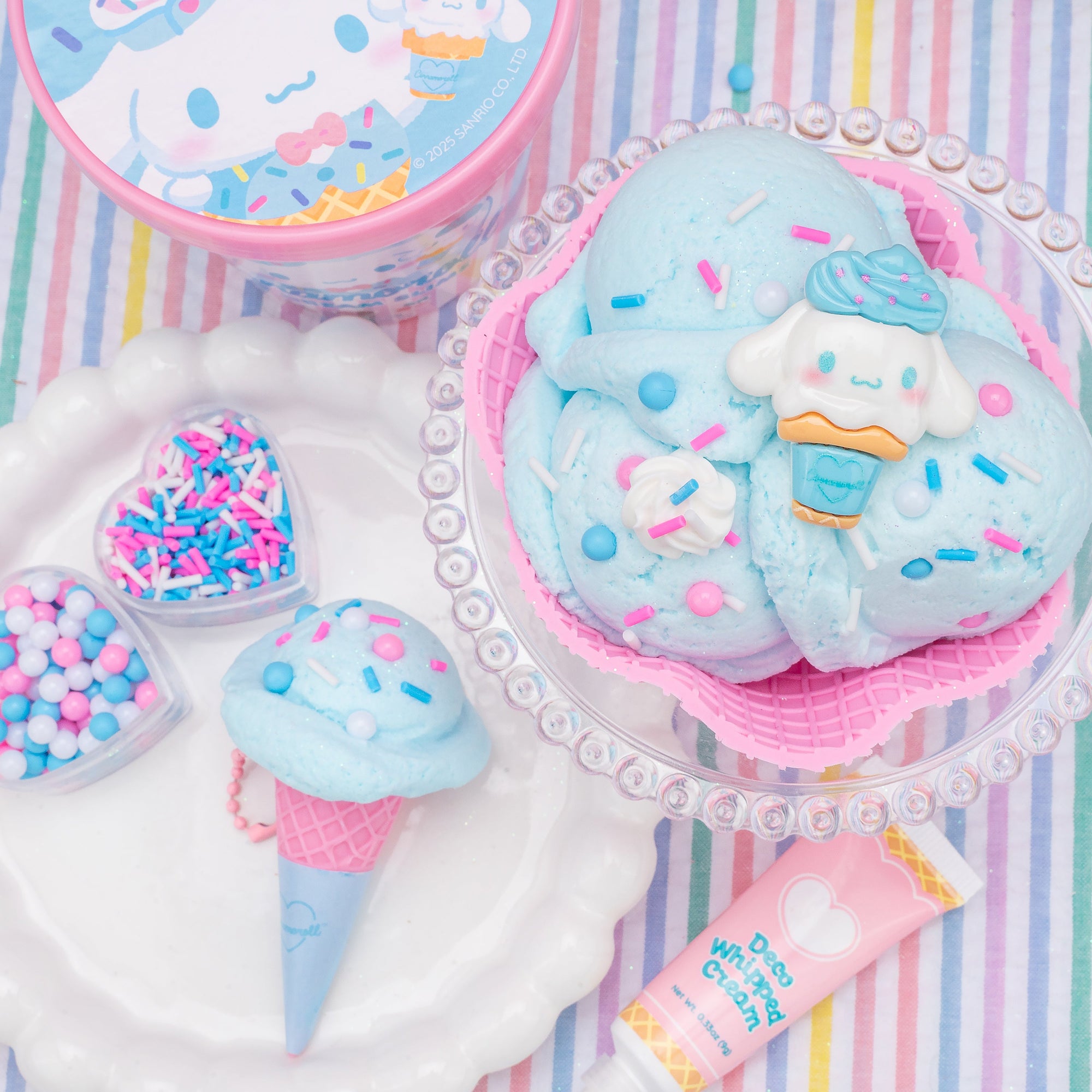 Cinnamoroll ice cream slime kit with blue fluffy slime, sprinkles, cone charm, and deco whipped cream