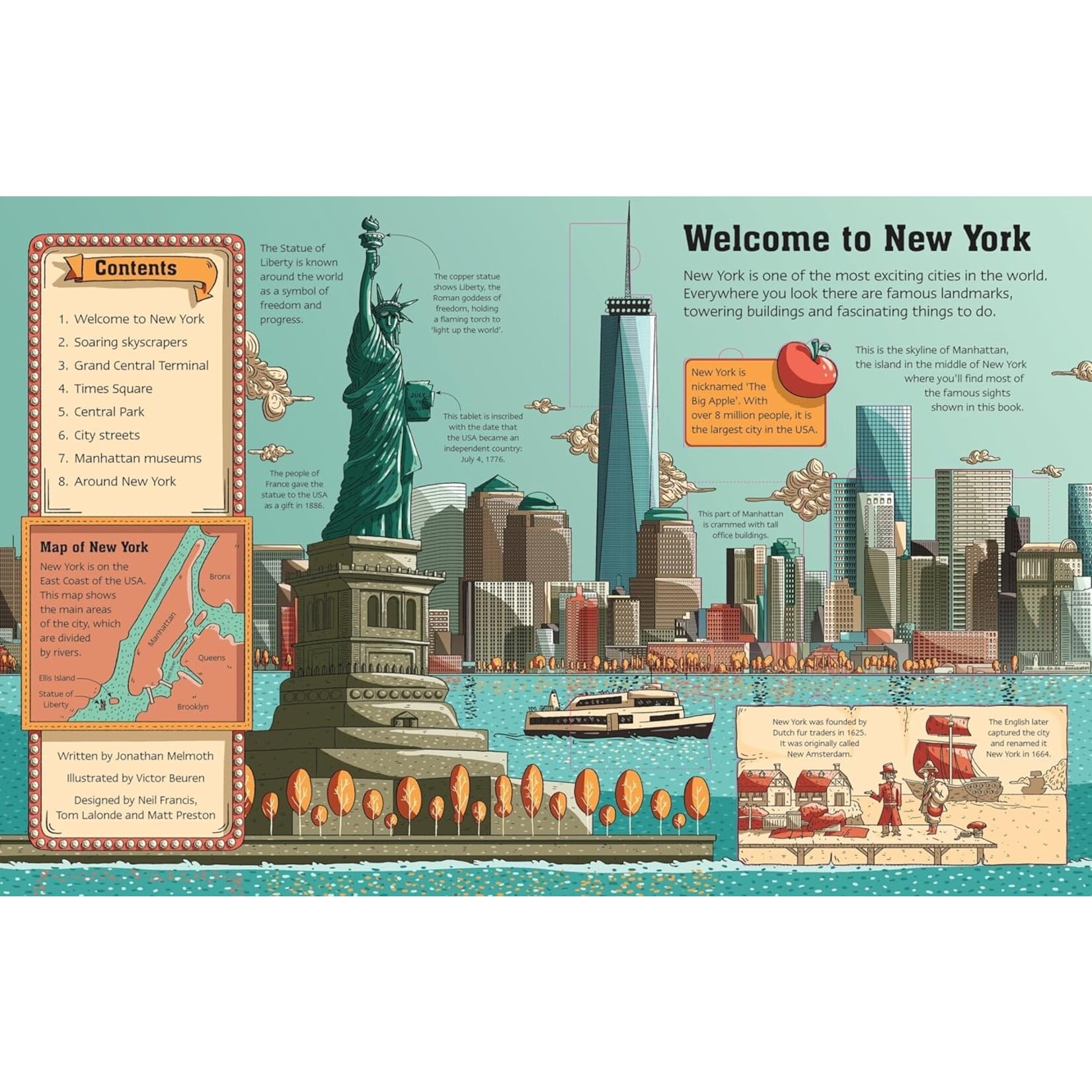 Interior spread of See Inside New York City book showing illustrated Manhattan skyline and Statue of Liberty