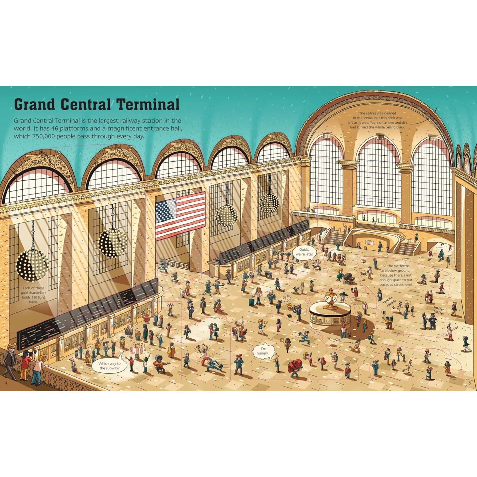 Interior spread of See Inside New York City book showing illustrated Grand Central Terminal scene