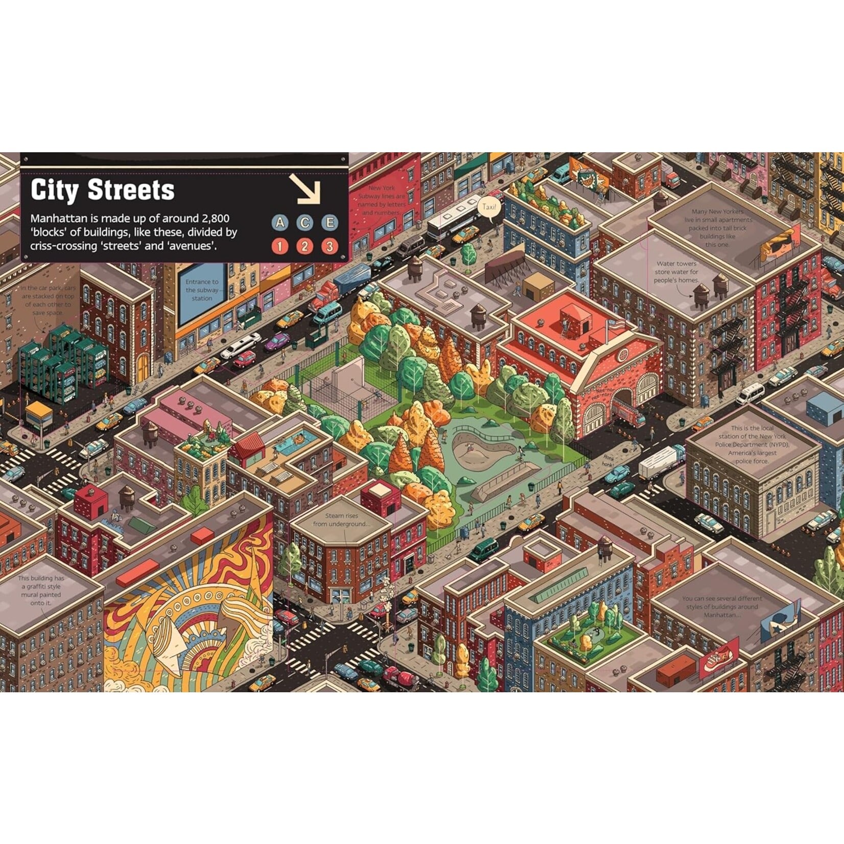 Detailed isometric illustrated spread of Manhattan city streets from See Inside New York City book