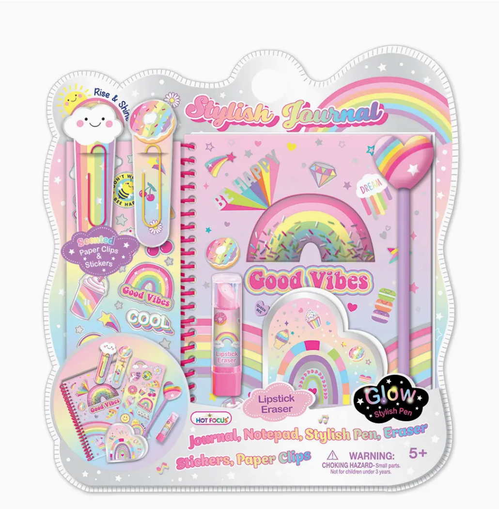 Hot Focus Stylish Journal set with rainbow theme including notebook, pen, stickers and accessories