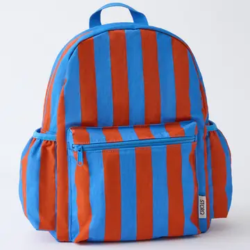 Kids backpack with bold blue and rust orange vertical stripes and front zip pocket