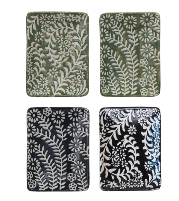 Stoneware Dish w/ Wax Relief Botanicals - Assorted