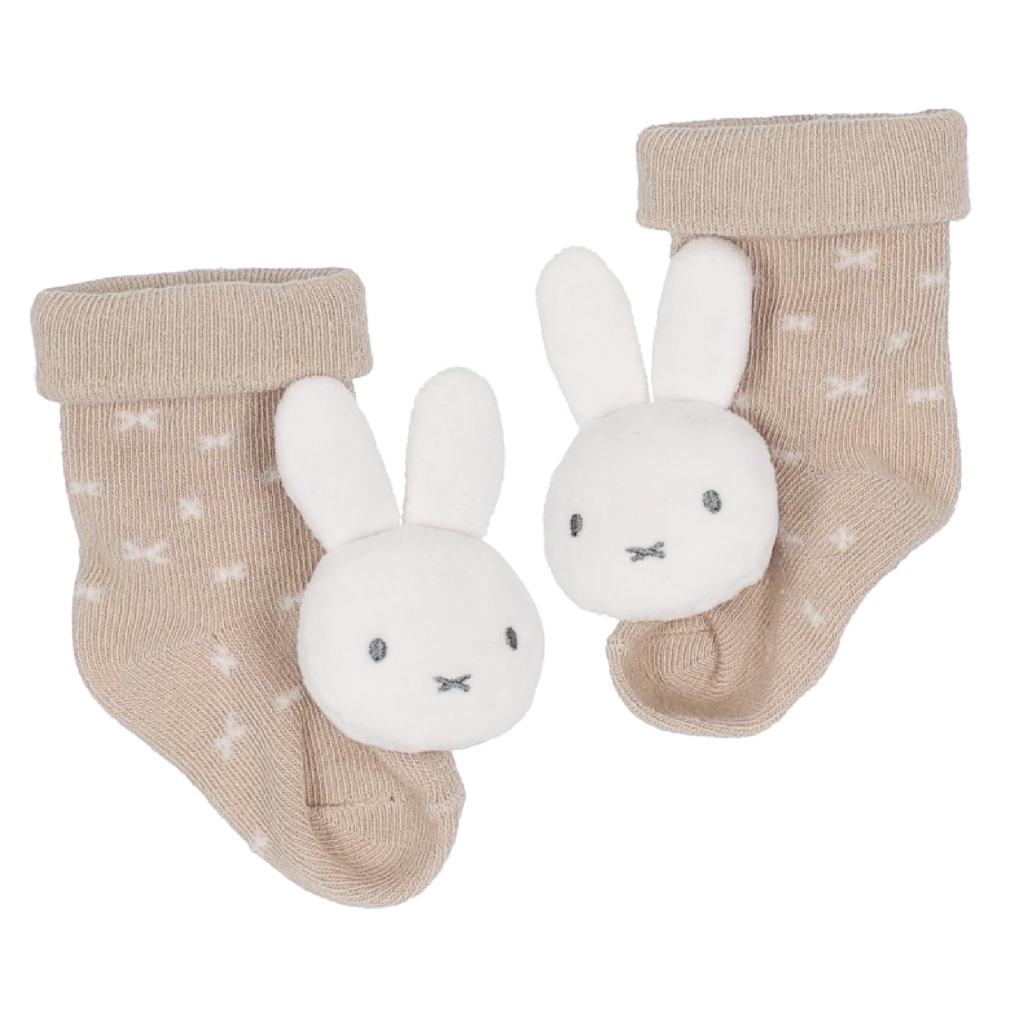 Pair of beige baby socks with 3D white Miffy bunny plush rattle heads attached at toe