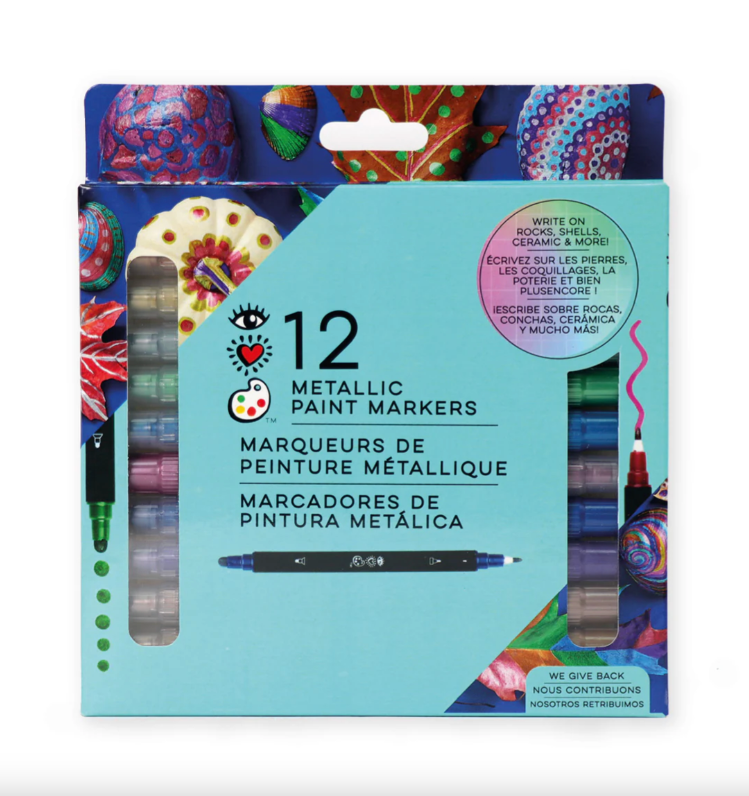 Pack of 12 metallic paint markers with colorful designs on the packaging.