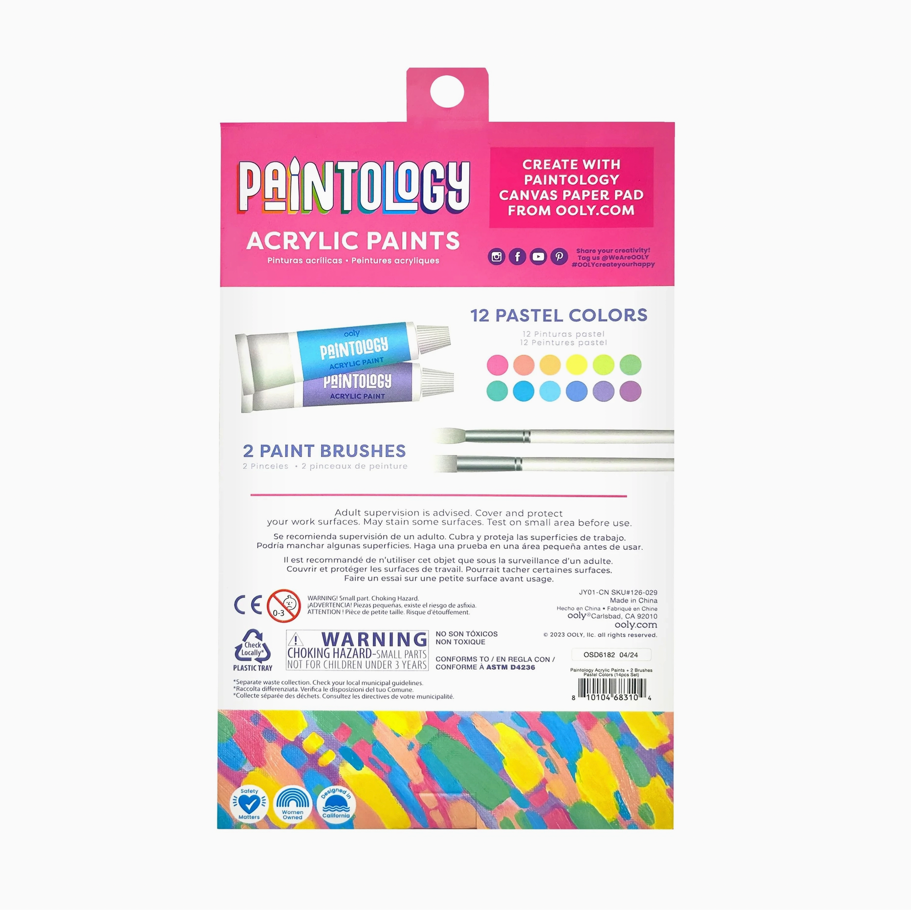 Paintology Acrylic Paints + 2 Brushes - Pastel Colors