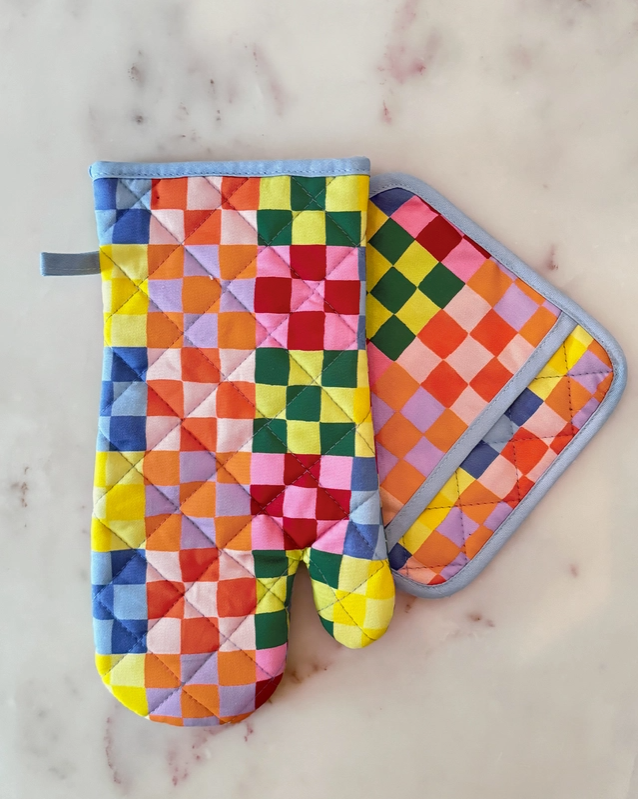 Rainbow Check Oven Mitt + Pot Holder Set