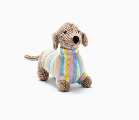 Knitted Sausage Dog Plush Toy with Pastel Jumper