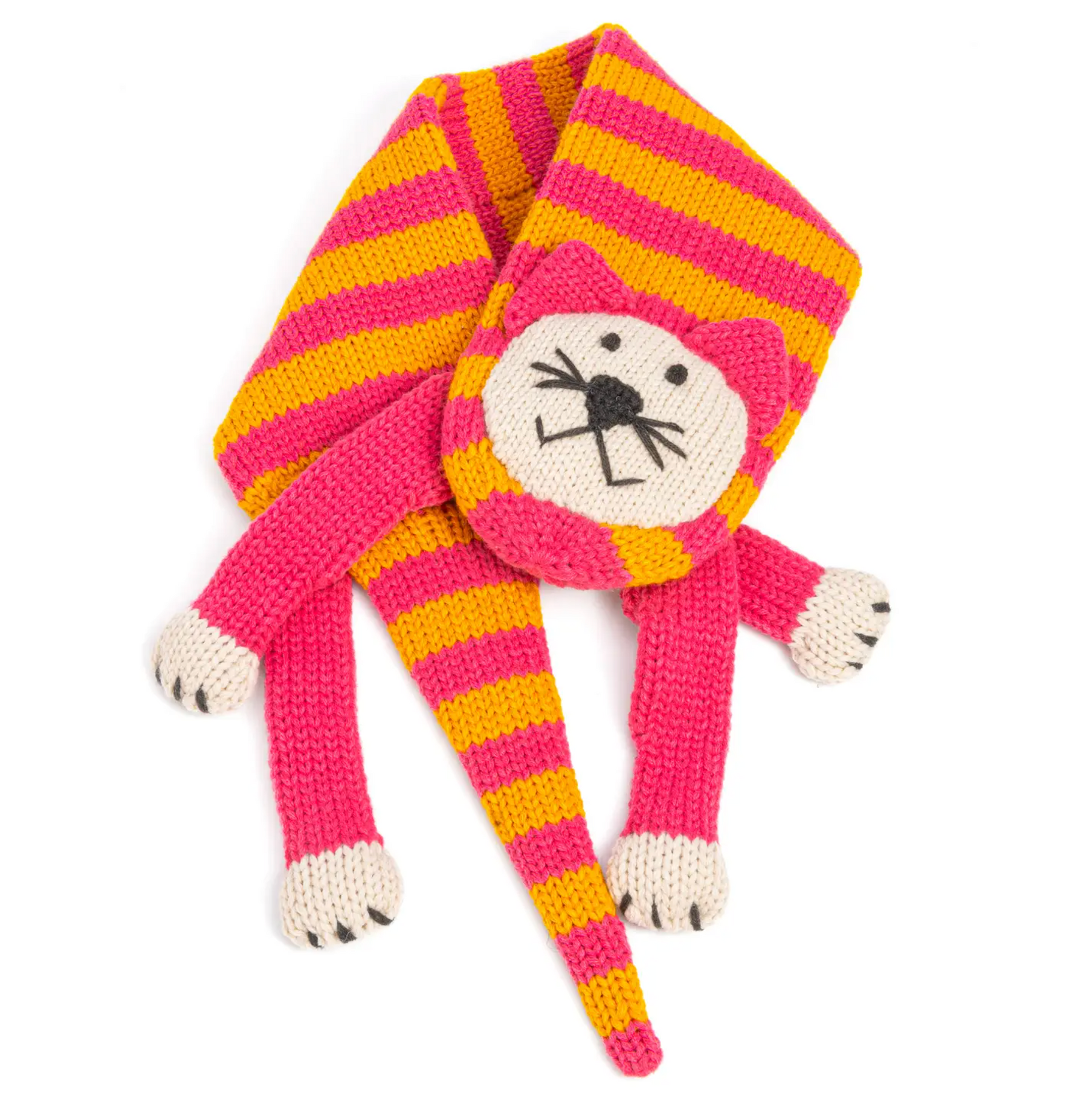 Kids Knitted Cat Scarf- Berry Pink / Mustard