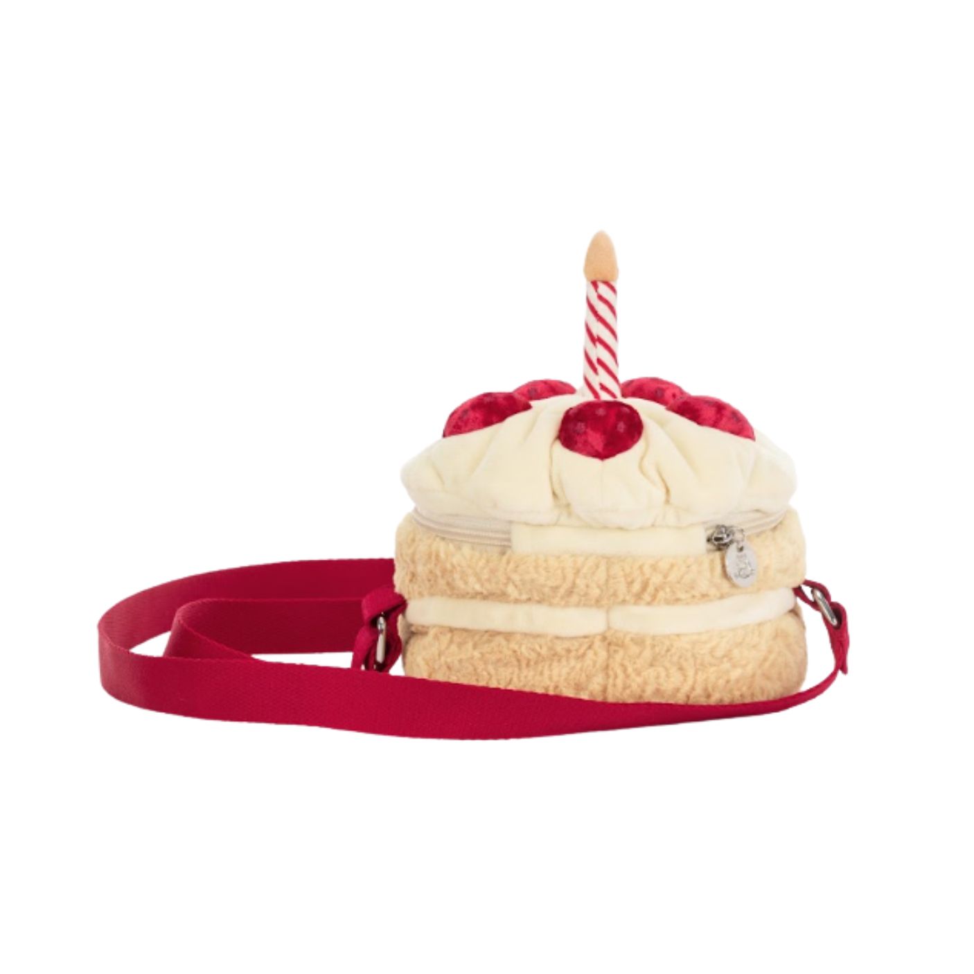 Jellycat Amuseables Birthday Cake plush crossbody bag with red cherry decorations, cream frosting, and striped candle