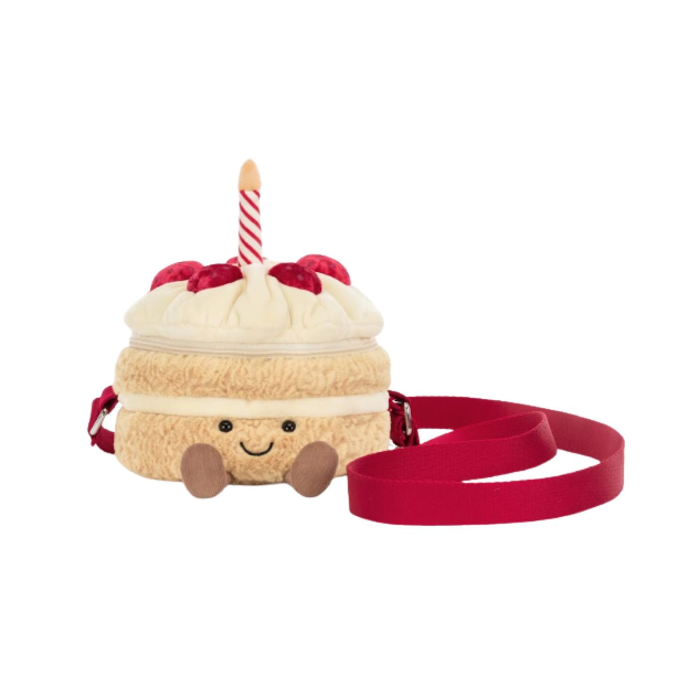 Jellycat Amuseable Birthday Cake plush crossbody bag with red strap and candle topper