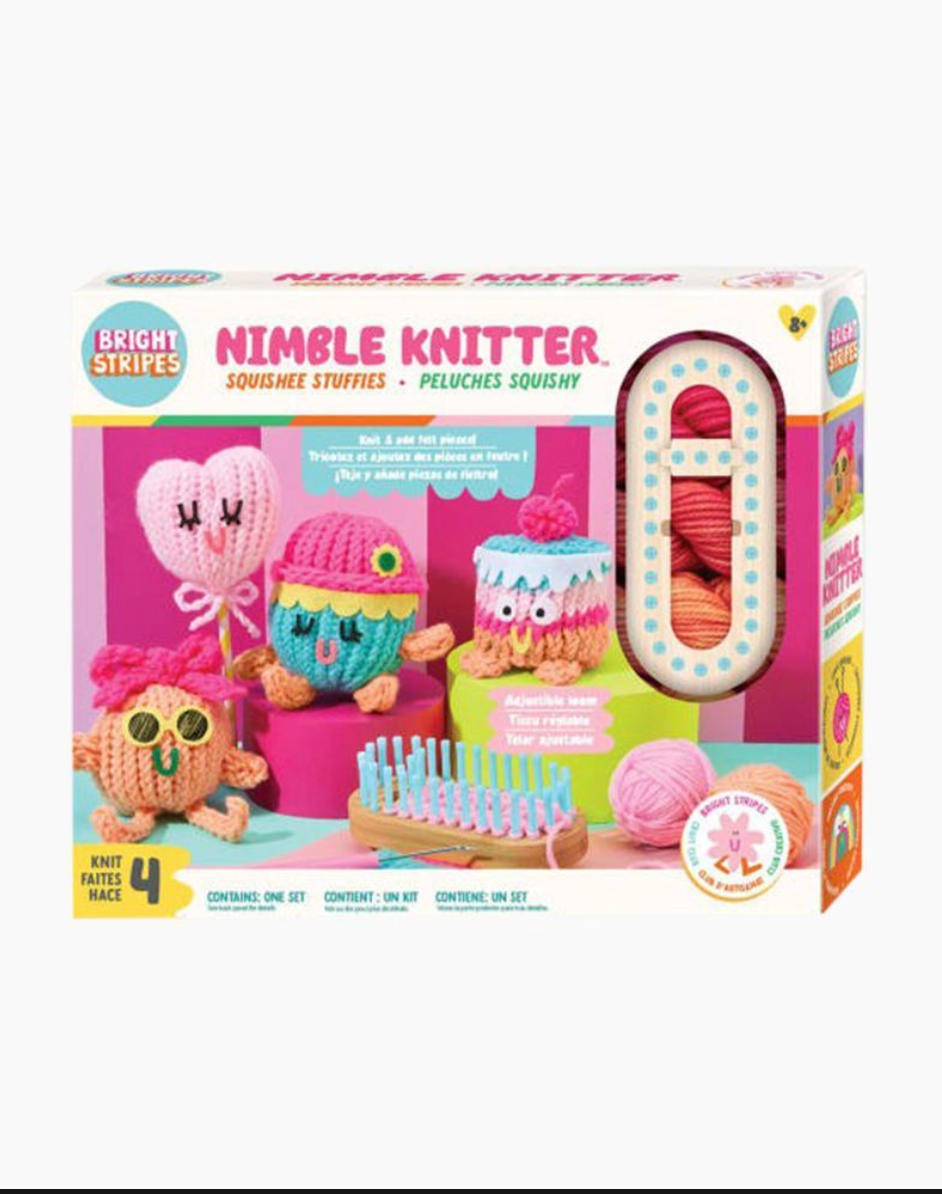Box of Nimble Knitter toy set with colorful packaging and knitted toys inside.