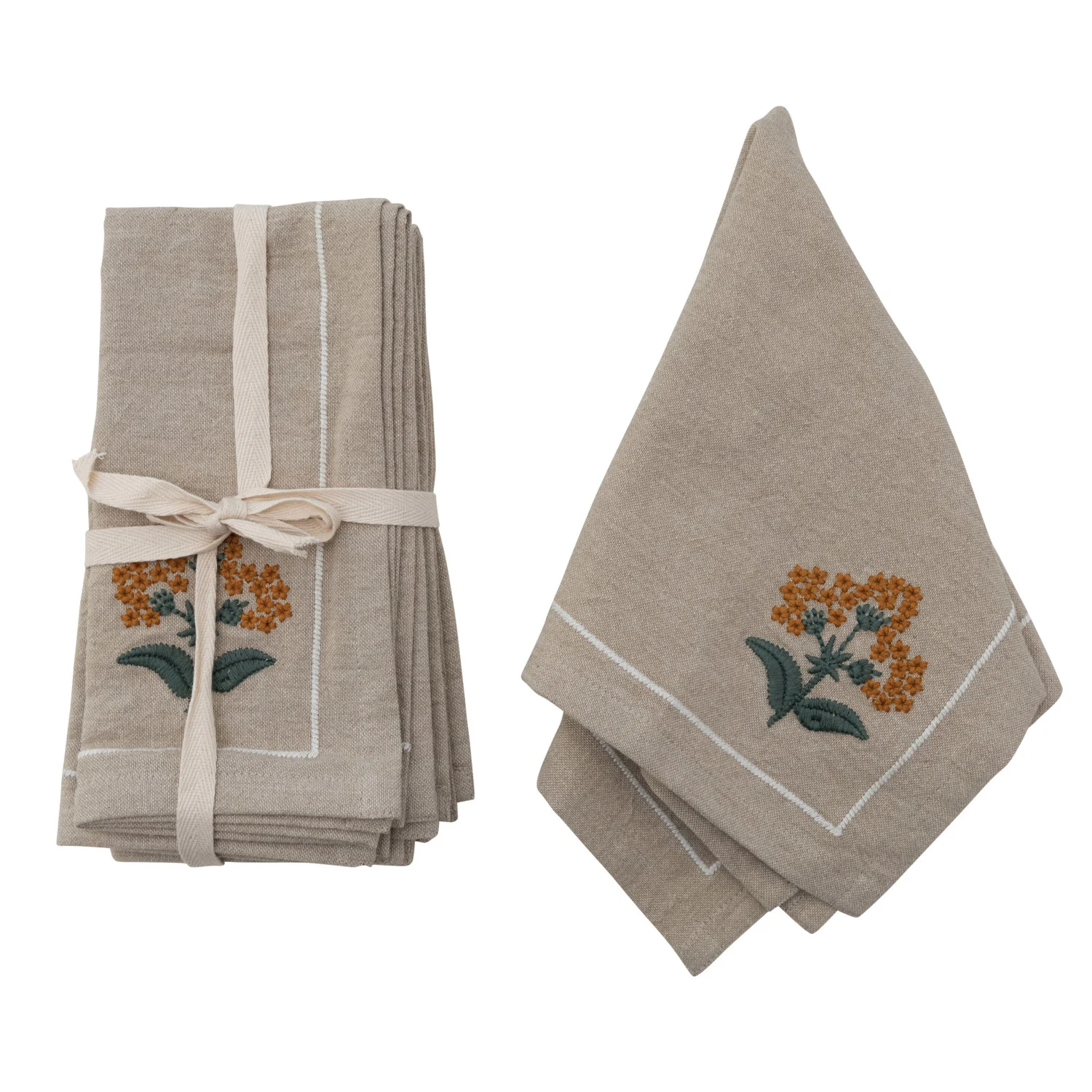 18" Sq Cotton Embroidered Napkins, Tied w Twill Tape