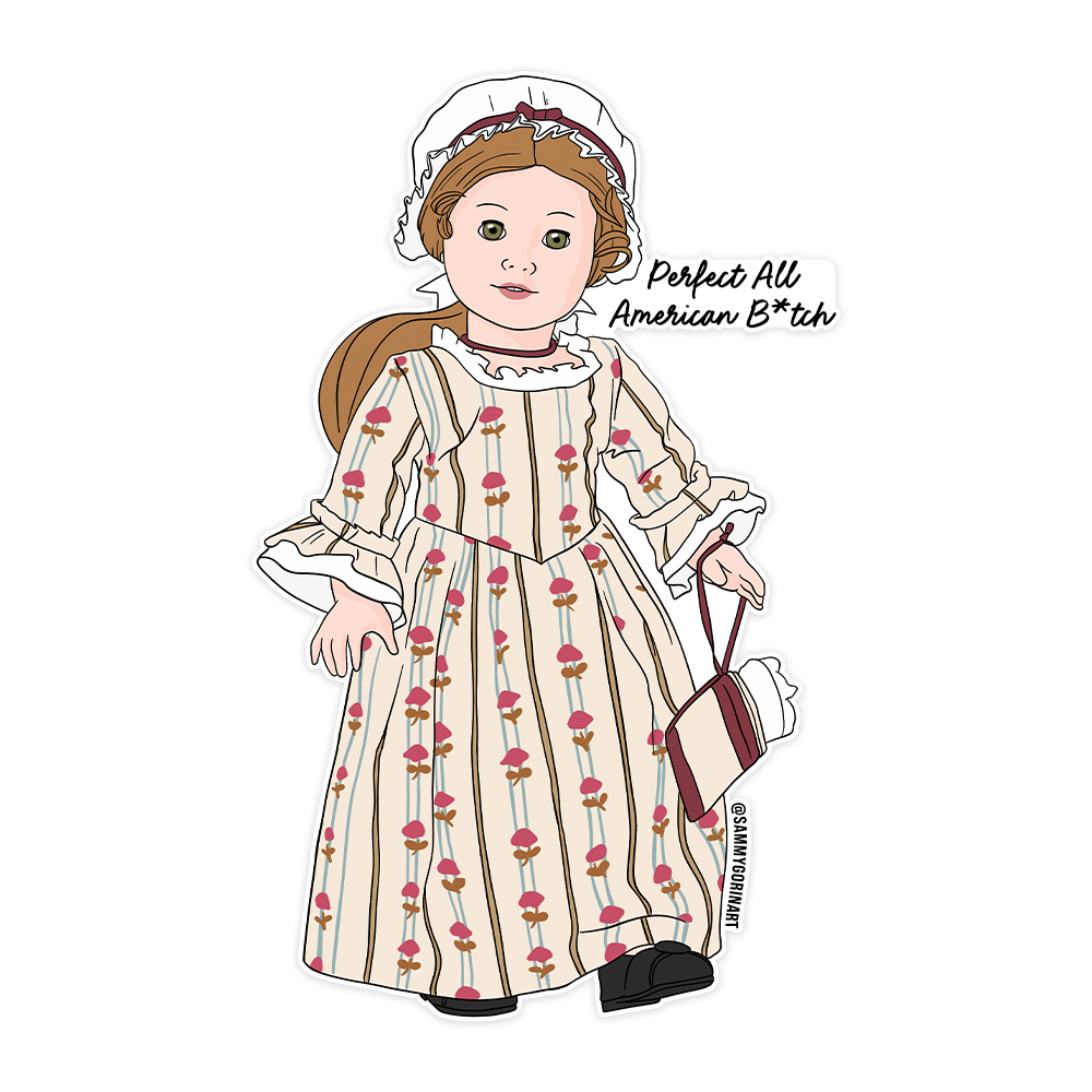 Illustration of Felicity American Girl doll character in colonial dress with bonnet holding small bag