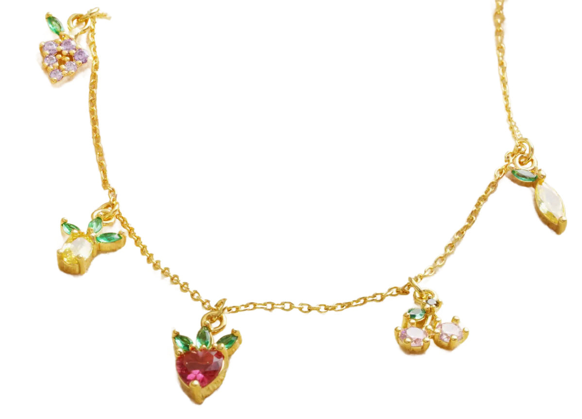 Colourful Crystal Fruit Charm Necklace in Gold