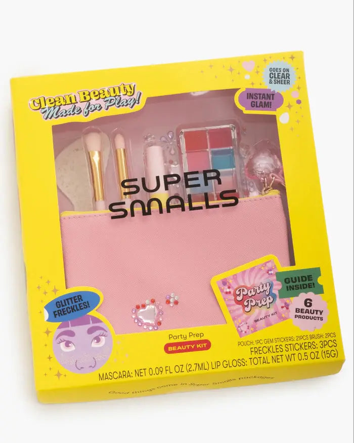 Super Smalls Party Prep Beauty Kit in pink pouch with makeup brushes and cosmetics