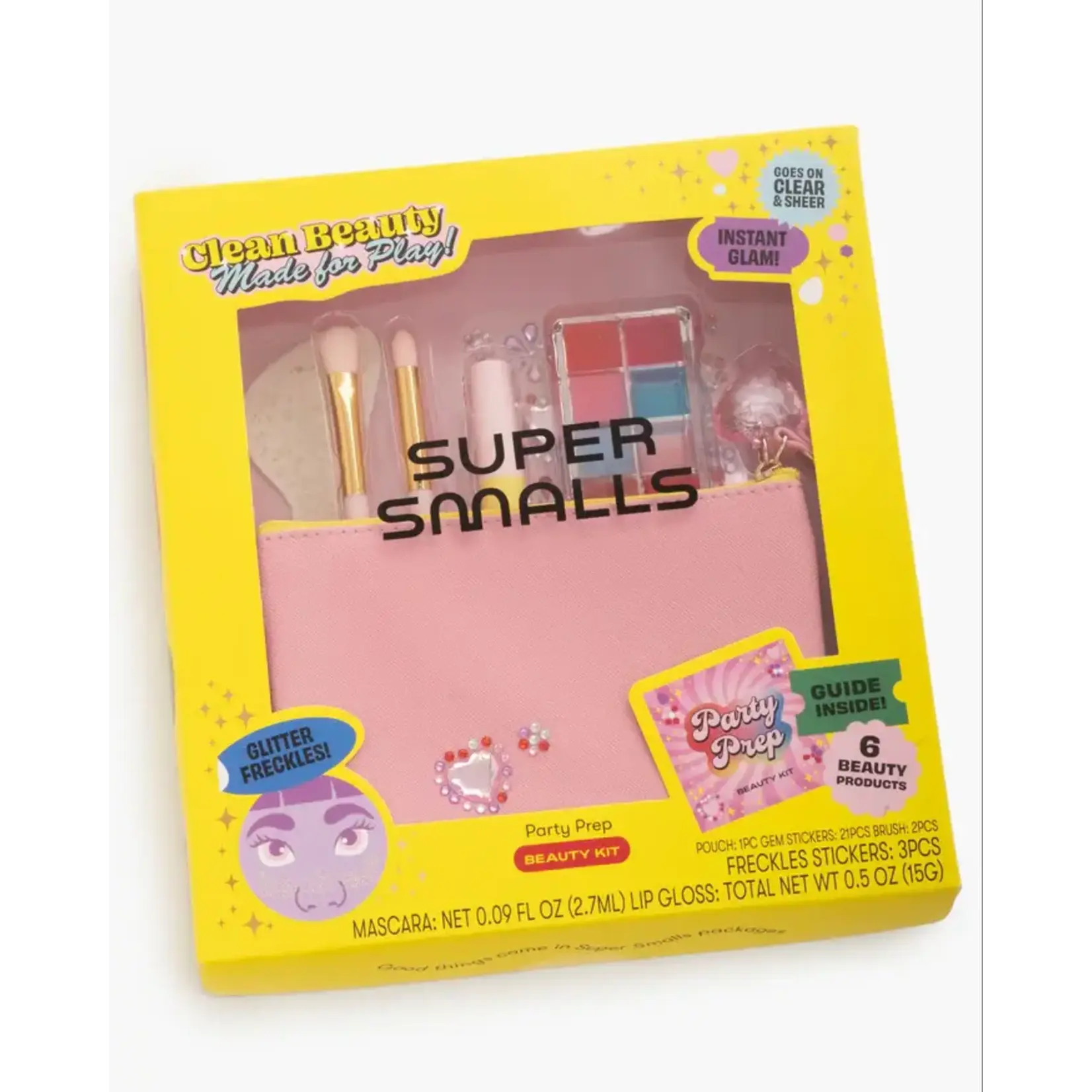 Super Smalls Party Prep Beauty Kit in yellow packaging with makeup brushes and cosmetics