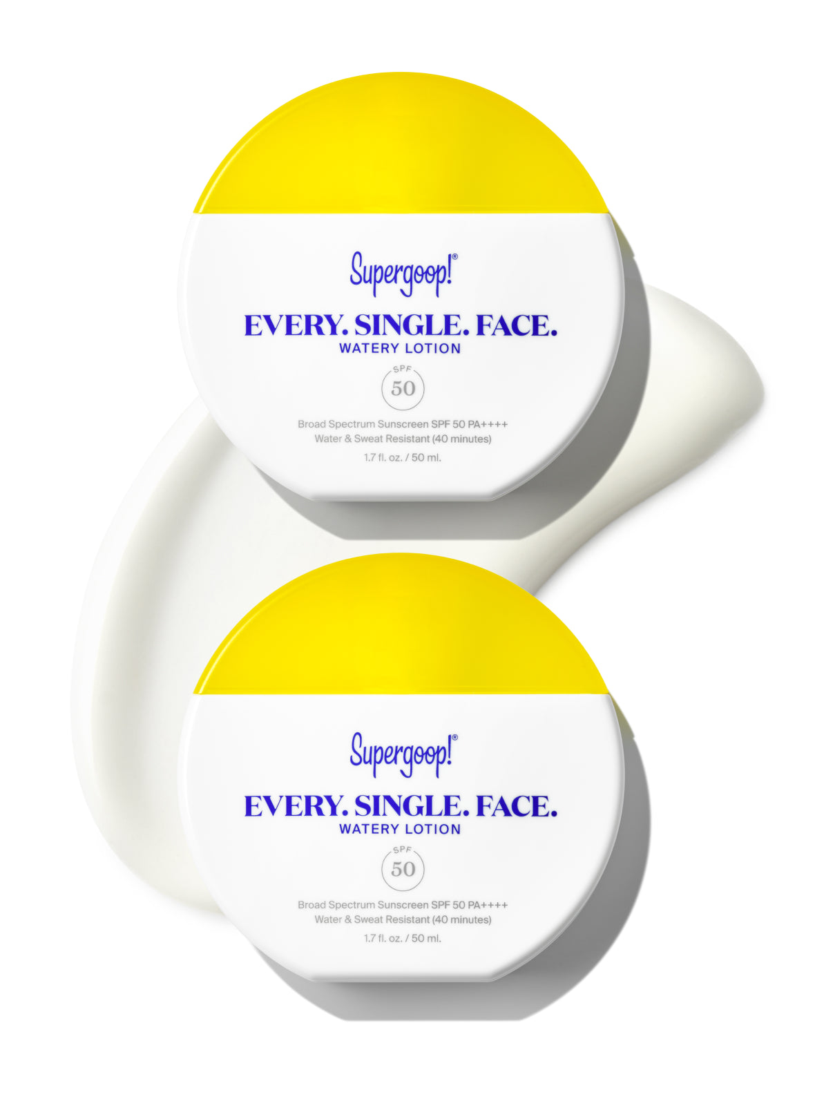 Two bottles of Supergoop Every Single Face Watery Lotion SPF 50 with yellow caps on white background