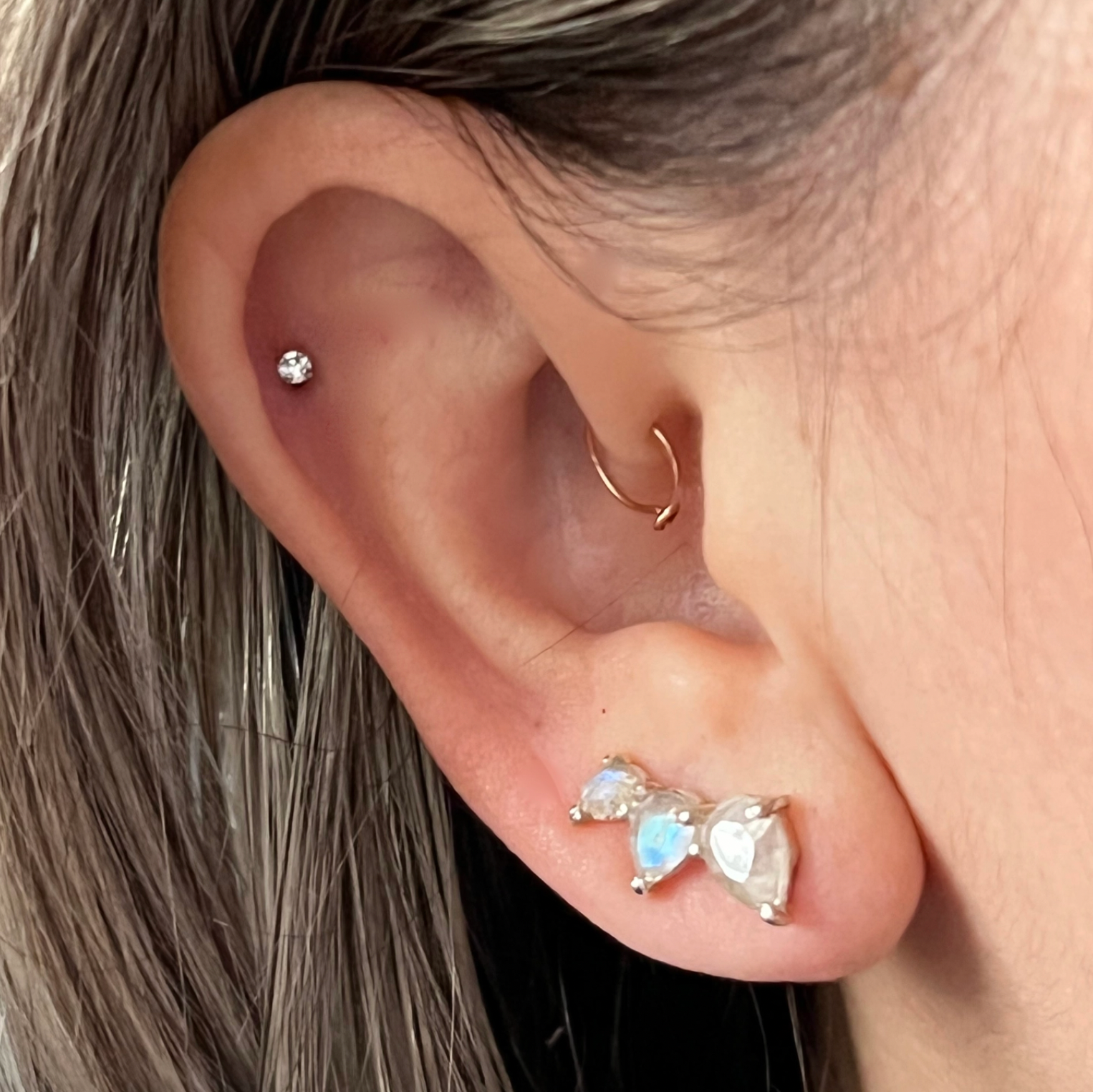 Stacked Tear Drop Ear Climber with Faceted Moonstone