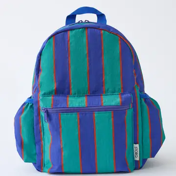 Kids backpack with bold blue, green, and red vertical stripes and front zip pocket