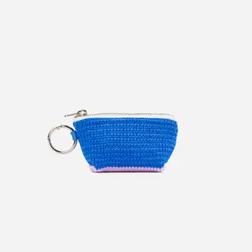 Blue woven coin purse on a white background