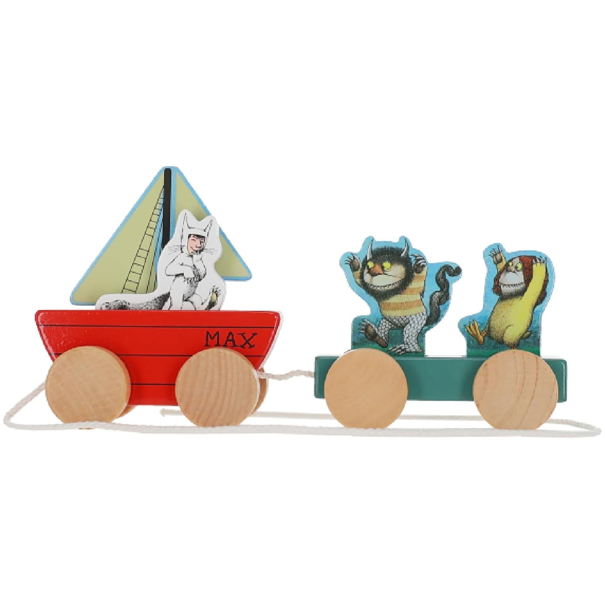 Where the Wild Things Are wooden pull toy with Max boat and monster figures on wheeled carts