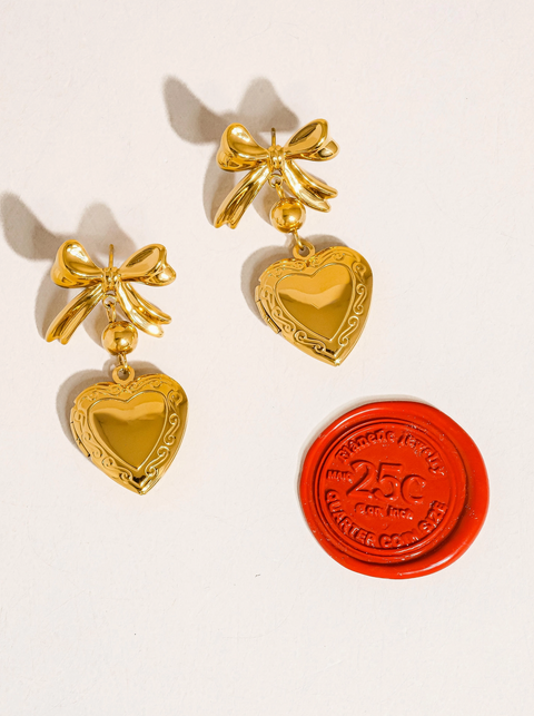 Keryn 18K Non-Tarnish Heart and Bow Locket Earring Yellow Gold
