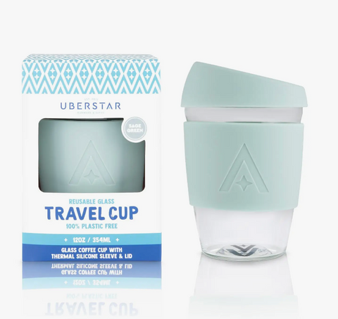 Uberstar | Reusable Glass Travel Coffee Cup - 12oz Sage Green