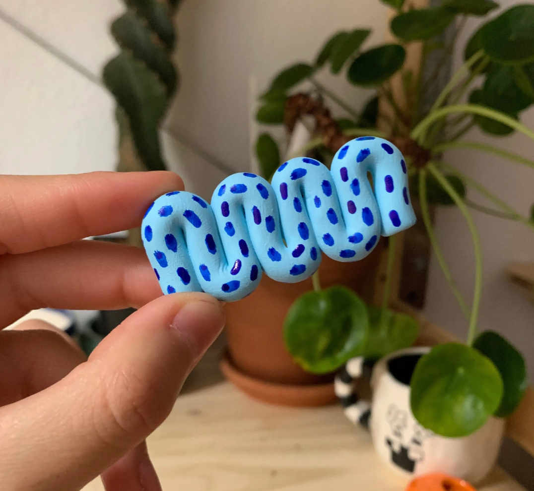 Blue Squiggle Hand Painted Clay Hair Clip