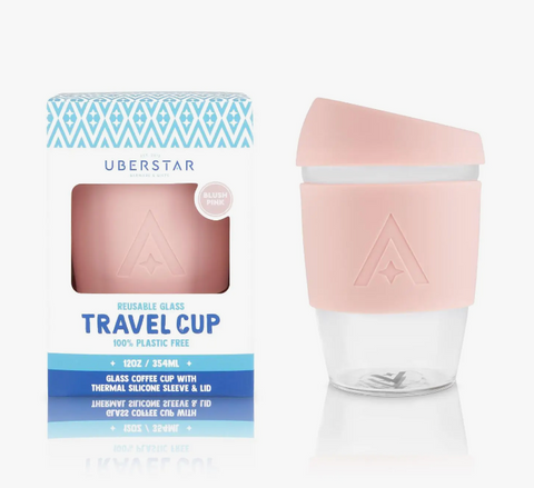 Uberstar | Reusable Glass Travel Coffee Cup - 12oz Blush Pink