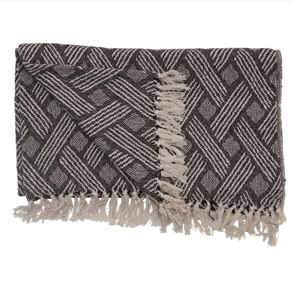 Grey Basket Weave Throw with Fringe