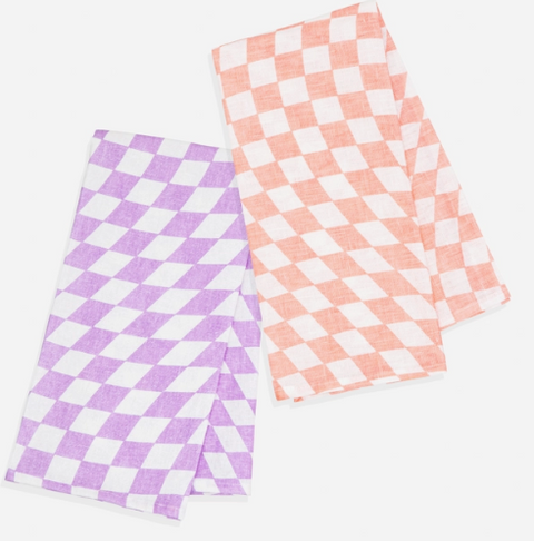 Linen Tea Towel Set - Purple/Pink Checkers