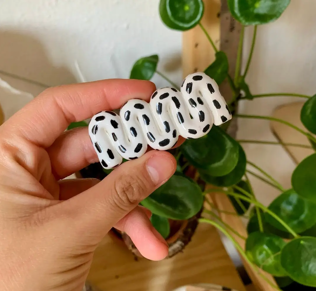 Black & White Wiggle Hand Painted Clay Hair Clip