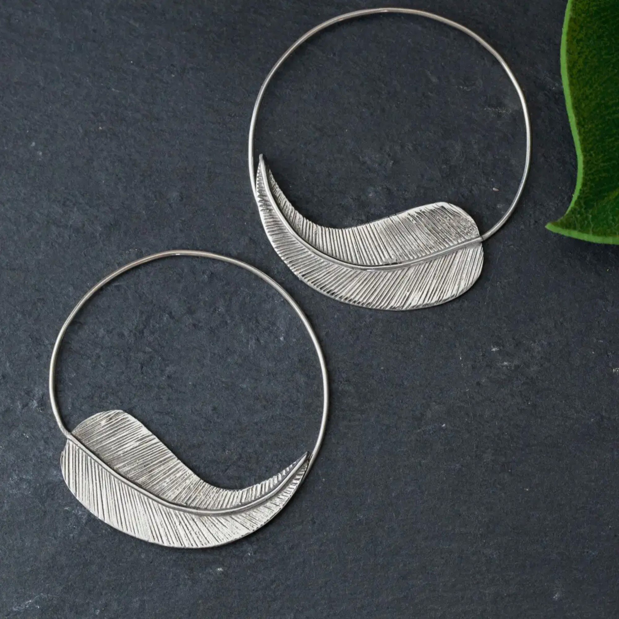 Large Sterling Silver Feathered Hoop Earrings