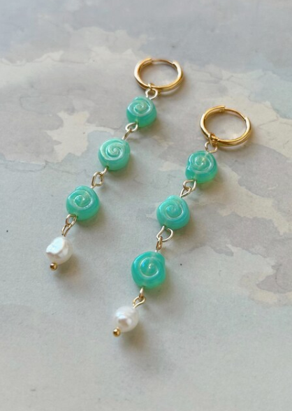 Green Snail Pearl Drop Earrings